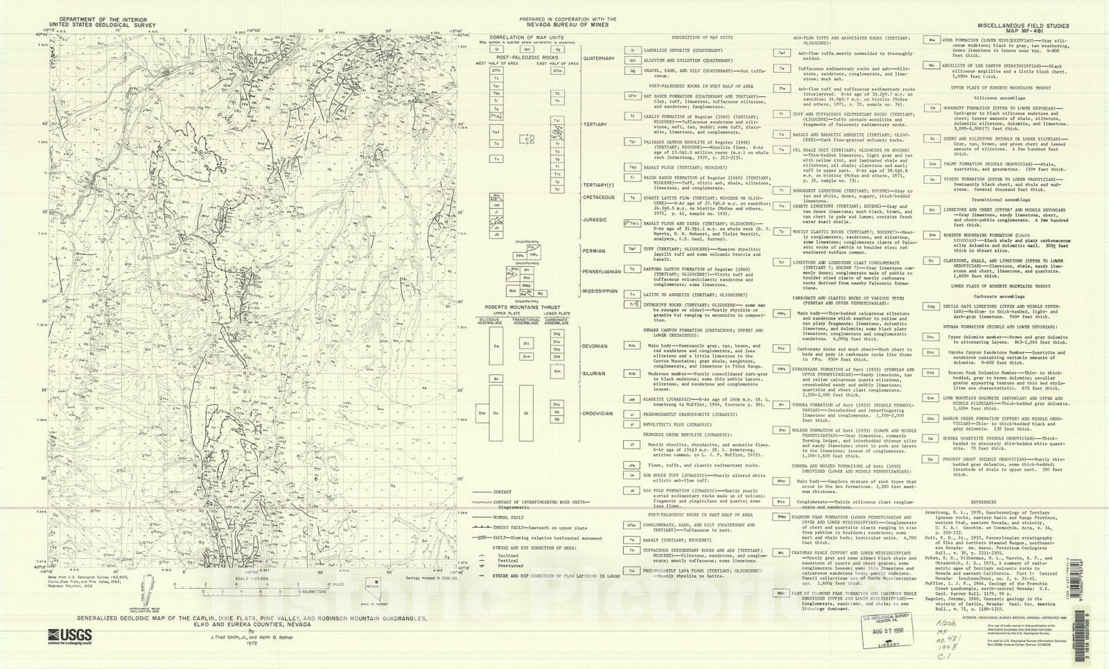 Map : Generalized geologic map of the Carlin, Dixie Flats, Pine Valley, and Robinson Mountain quadrangles, Elko and Eureka Counties, Nevada, 1972 Cartography Wall Art :