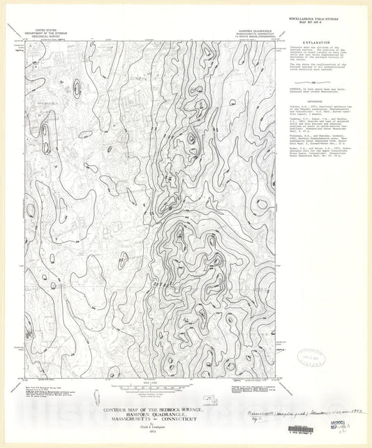 Map : Contour map of the bedrock surface, Hampden quadrangle, Massachusetts-Connecticut, 1973 Cartography Wall Art :
