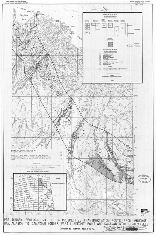 Map : Preliminary geologic map of a prospective transportation route from Prudhoe Bay Alaska to Canadian border, Part I. Beechey Point, 1973 Cartography Wall Art :