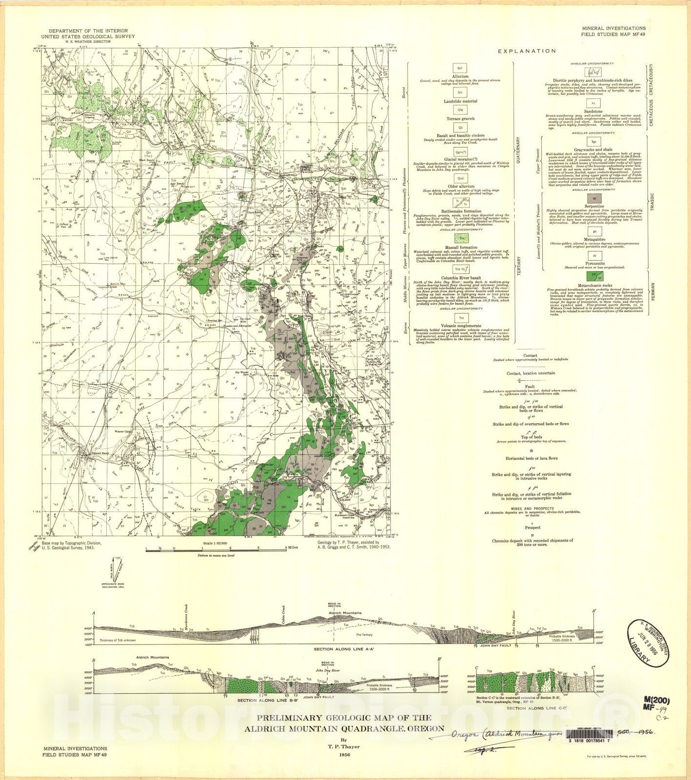 Map : Preliminary geologic map of the Aldrich Mountain quadrangle, Oregon, 1956 Cartography Wall Art :