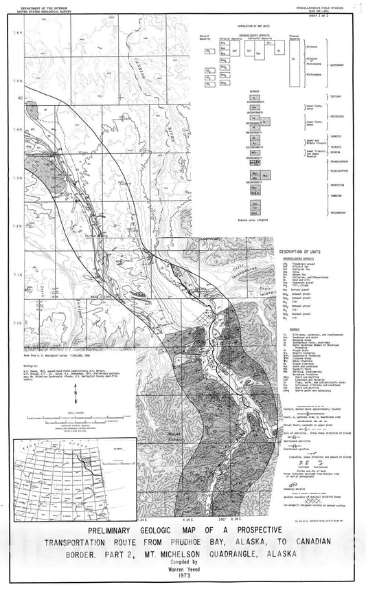 Map : Preliminary geologic map of a prospective transportation route from Prudhoe Bay, Alaska, to Canadian border, part 2. Mt. Michelson quadrangle, Alaska, 1973 Cartography Wall Art :