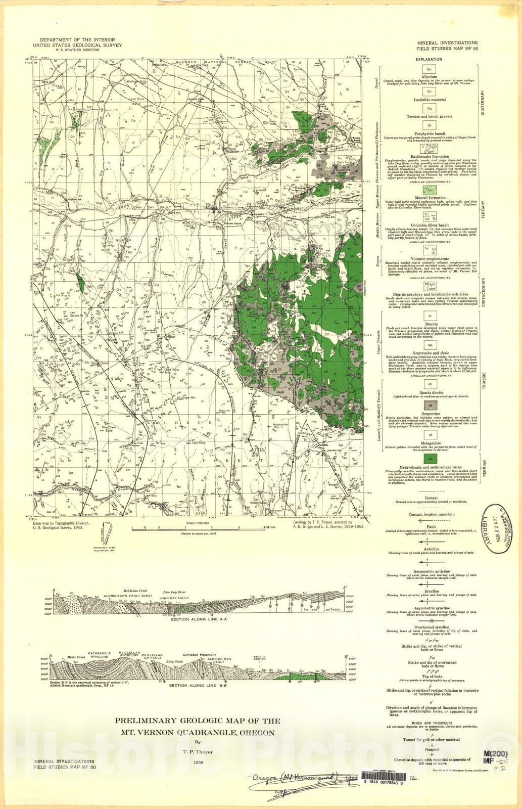 Map : Preliminary geologic map of the Mt. Vernon quadrangle, Oregon, 1956 Cartography Wall Art :