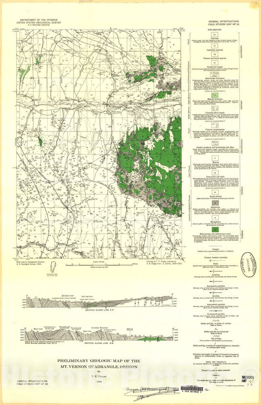 Map : Preliminary geologic map of the Mt. Vernon quadrangle, Oregon, 1956 Cartography Wall Art :