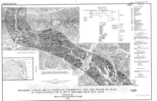 Map : Preliminary geologic map of a prospective transportation route from Prudhoe Bay Alaska to Canadian border, Part III. Arctic quadra, 1973 Cartography Wall Art :
