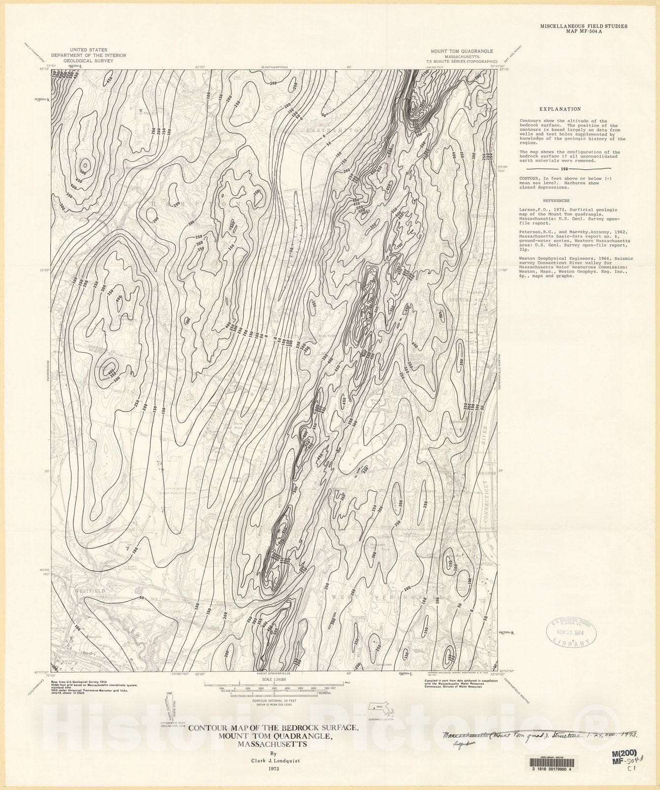 Map : Contour map of the bedrock surface, Mount Tom quadrangle, Massachusetts, 1973 Cartography Wall Art :