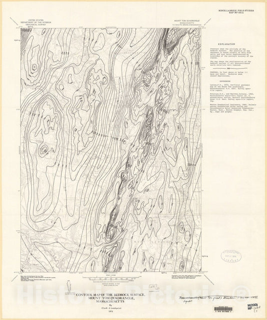 Map : Contour map of the bedrock surface, Mount Tom quadrangle, Massachusetts, 1973 Cartography Wall Art :