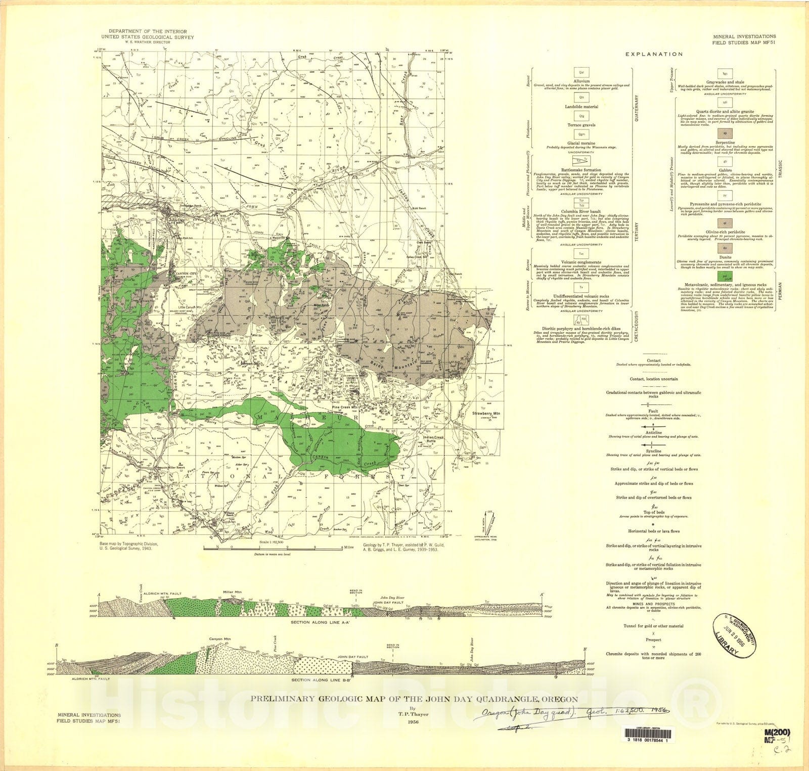 Map : Preliminary geologic map of the John Day quadrangle, Oregon, 1956 Cartography Wall Art :