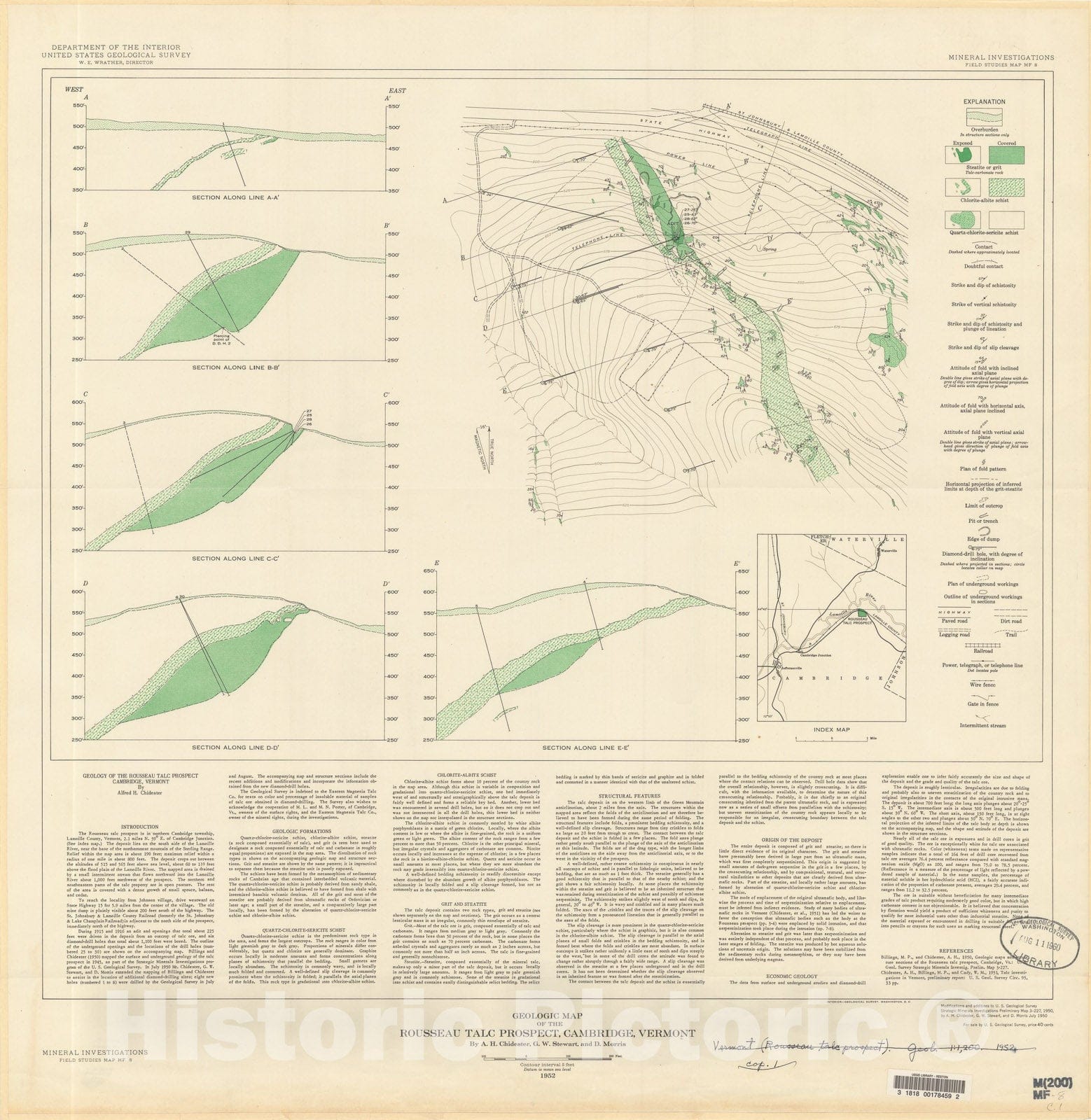 Map : Geologic map of the Rousseau talc prospect, Cambridge, Vermont, 1952 Cartography Wall Art :