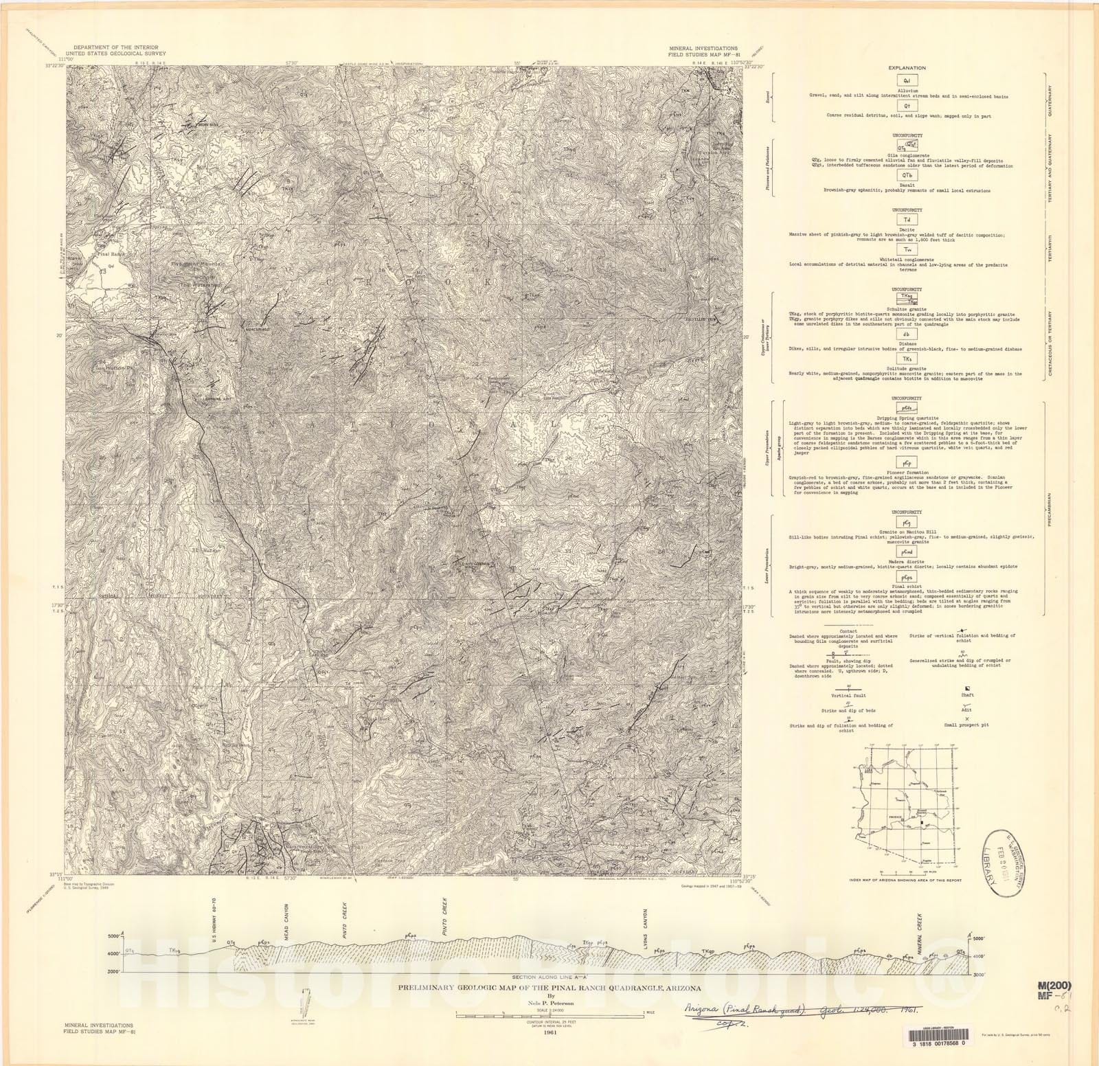 Map : Preliminary geologic map of the Pinal Ranch quadrangle, Arizona, 1961 Cartography Wall Art :