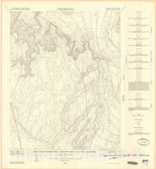 Map : Preliminary geologic map of the Boot Mesa SE quadrangle, Arizona, 1957 Cartography Wall Art :