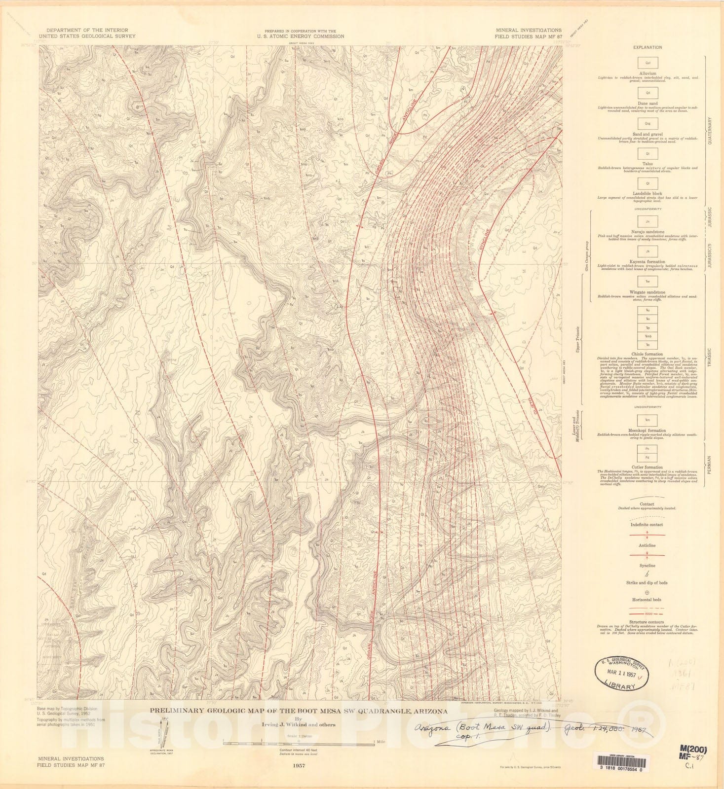 Map : Preliminary geologic map of the Boot Mesa SW quadrangle, Arizona, 1957 Cartography Wall Art :