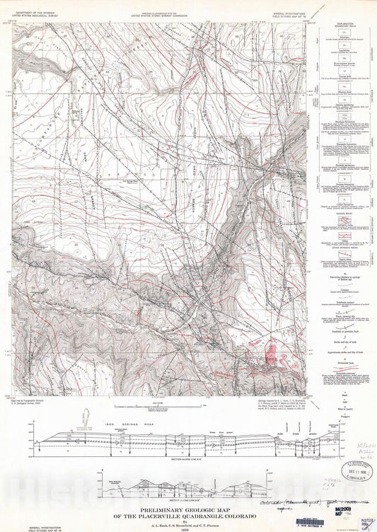 Map : Preliminary geologic map of the Placerville quadrangle, Colorado, 1956 Cartography Wall Art :