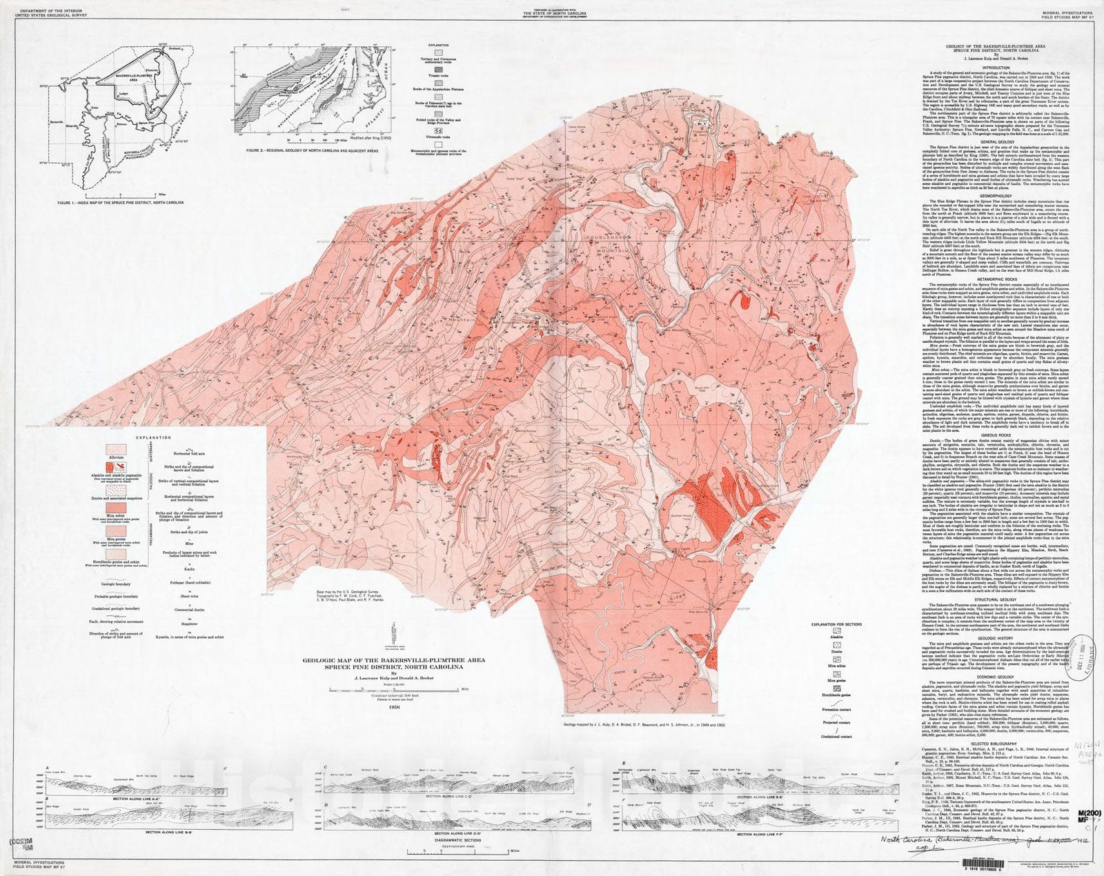 Map : Geology of the Bakersville-Plumtree area, Spruce Pine district, North Carolina, 1956 Cartography Wall Art :