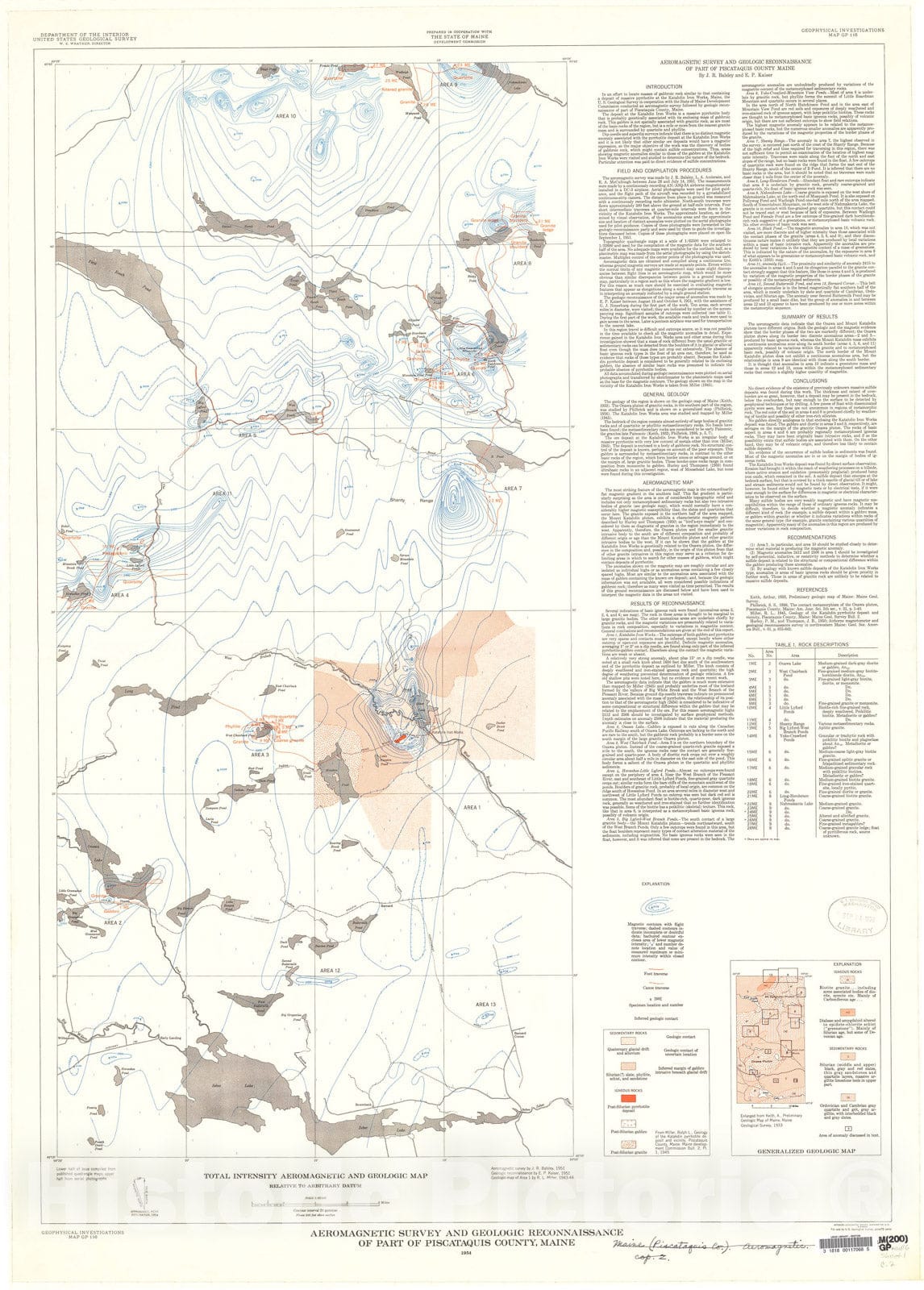 Map : Aeromagnetic survey and geologic reconnaissance of part of Piscataquis County, Maine, 1954 Cartography Wall Art :