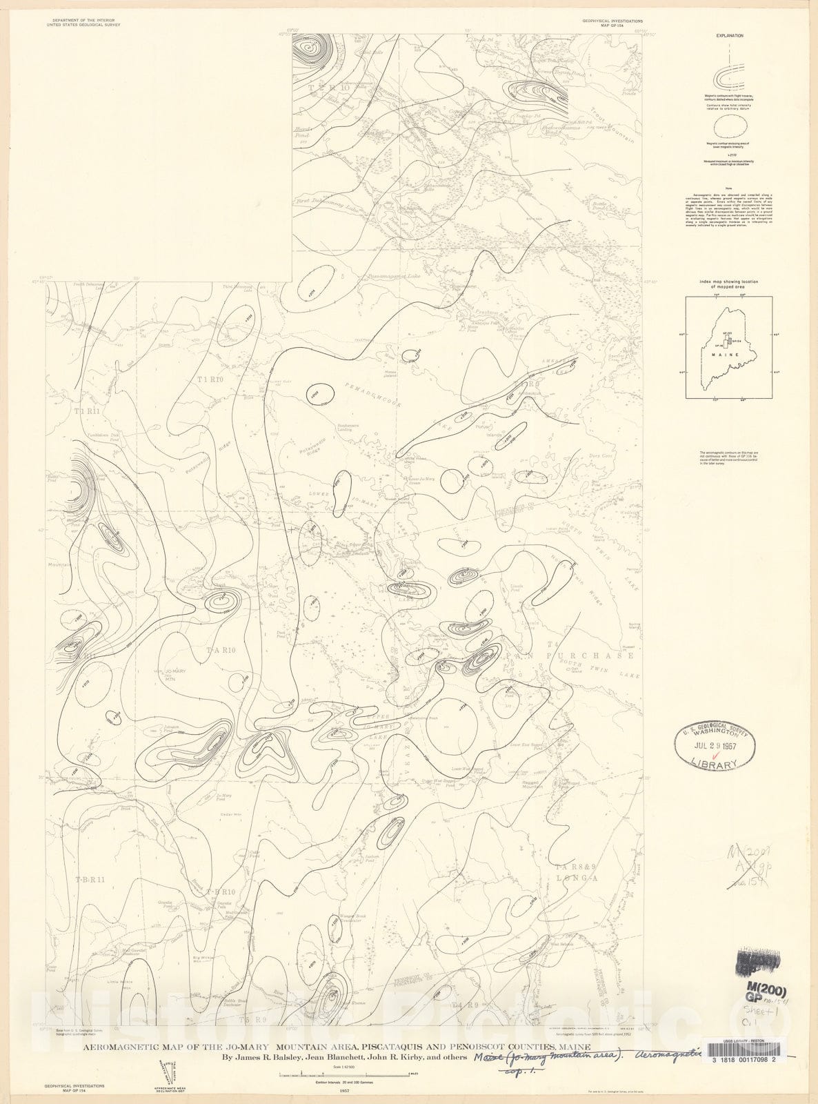 Map : Aeromagnetic map of the Jo-Mary Mountain area, Piscataquis and Penobscot Counties, Maine, 1957 Cartography Wall Art :