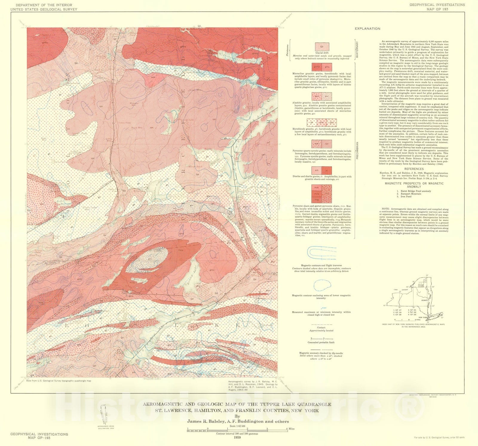 Map : Aeromagnetic and geologic map of the Tupper Lake quadrangle, St. Lawrence, Hamilton, and Franklin Counties, New York, 1959 Cartography Wall Art :