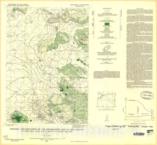 Map : Geologic interpretation of the aeromagnetic map of Lebanon quadrangle, Linn and Marion Counties, Oregon, 1962 Cartography Wall Art :