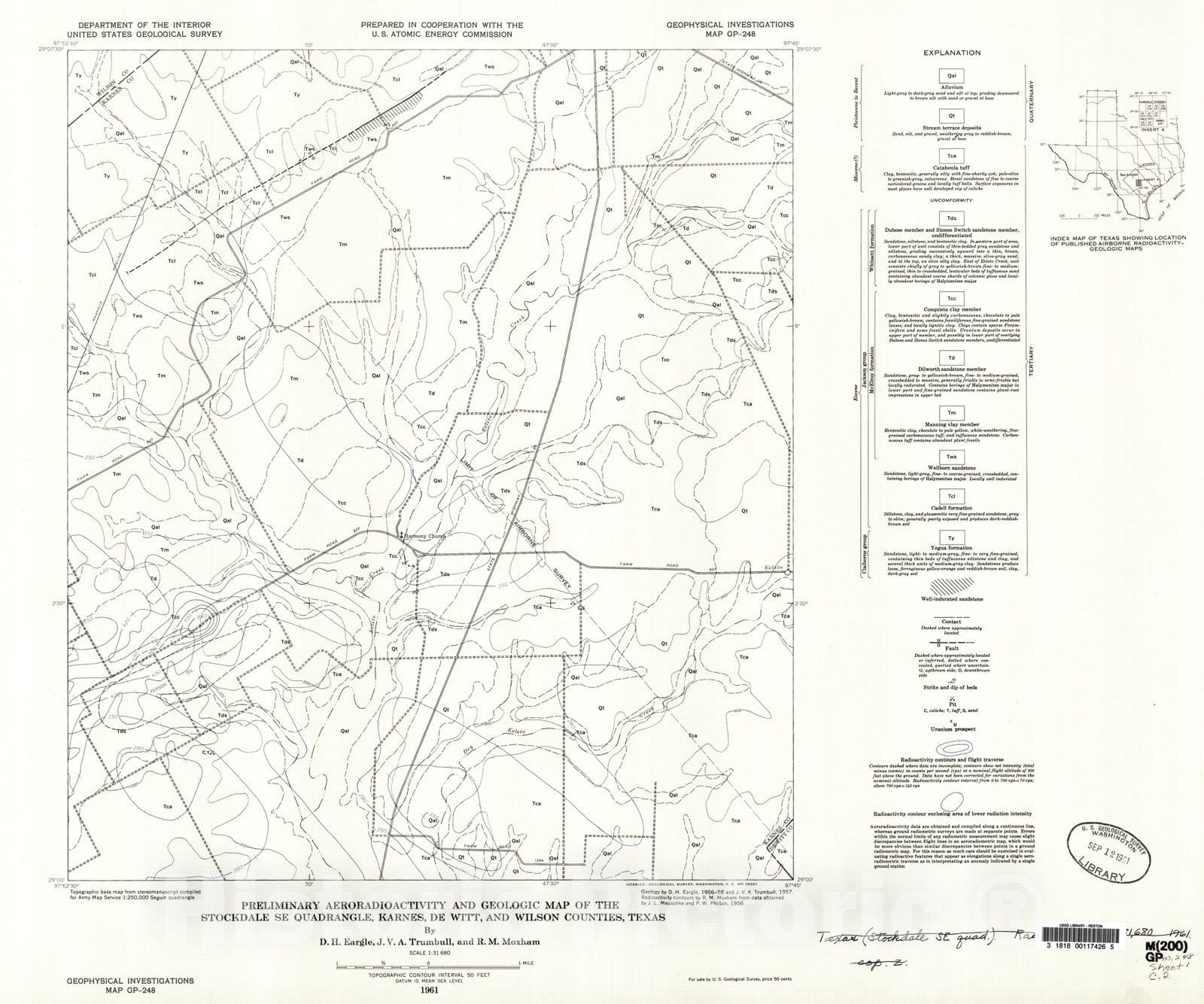 Map : Preliminary aeroradioactivity and geologic map of the Stockdale SE quadrangle, Karnes, De Witt, and Wilson Counties, Texas, 1961 Cartography Wall Art :