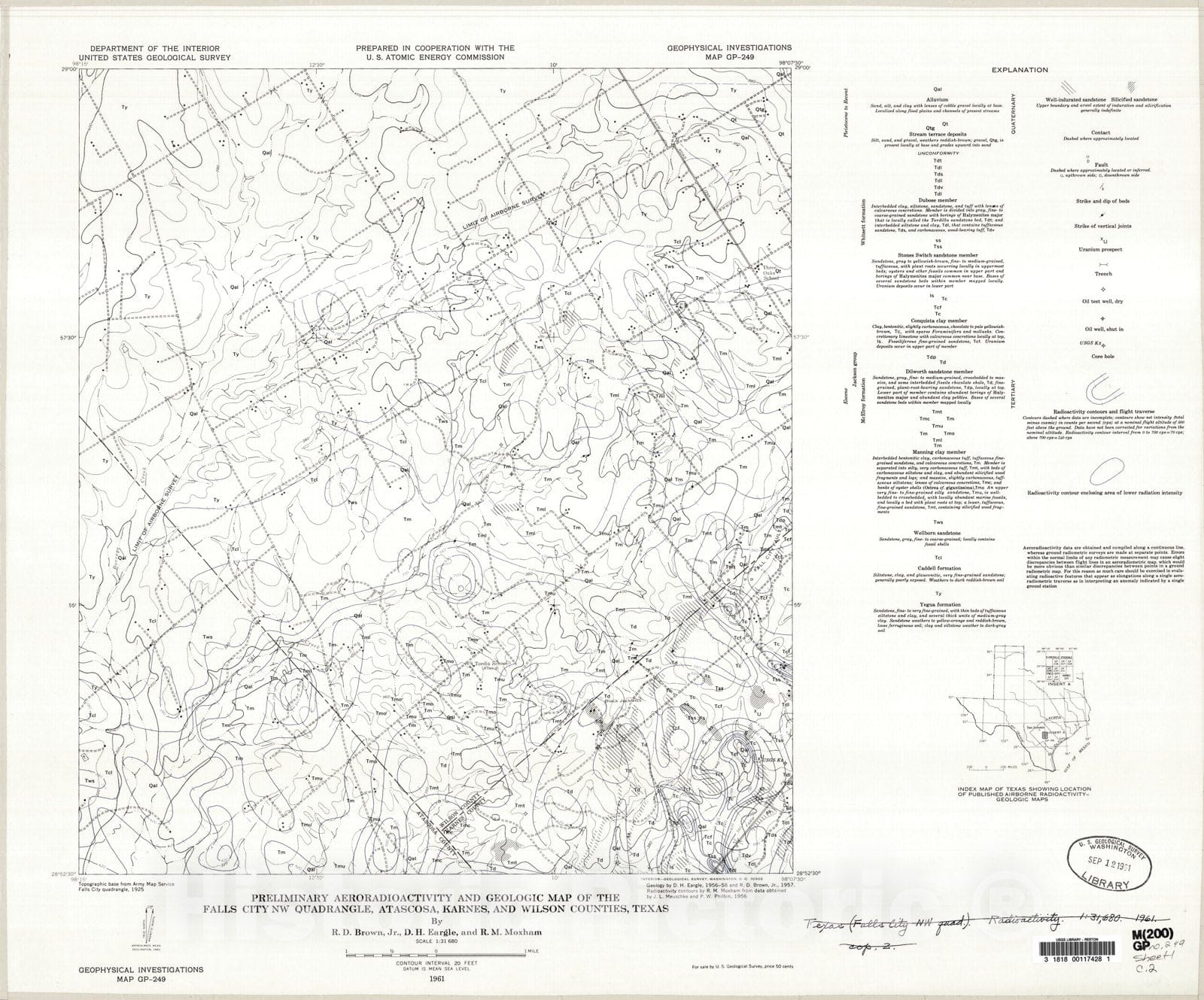 Map : Preliminary aeroradioactivity and geologic map of the Falls City NW quadrangle, Atascosa, Karnes, and Wilson Counties, Texas, 1961 Cartography Wall Art :