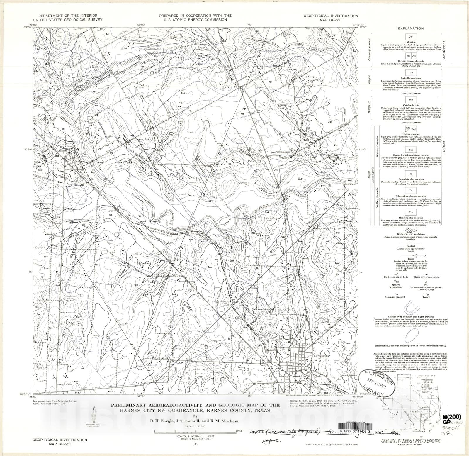 Map : Preliminary aeroradioactivity and geologic map of the Karnes City NW quadrangle, Karnes County, Texas, 1961 Cartography Wall Art :