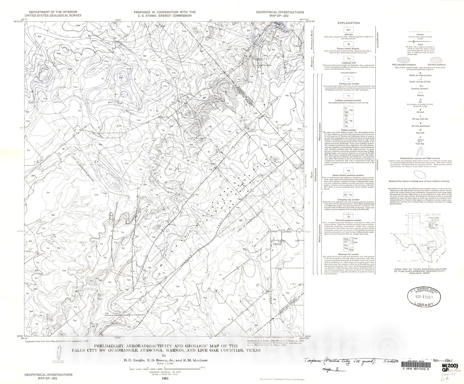 Map : Preliminary aeroradioactivity and geologic map of the Falls City SW quadrangle, Atascosa, Karnes, and Live Oak Counties, Texas, 1961 Cartography Wall Art :