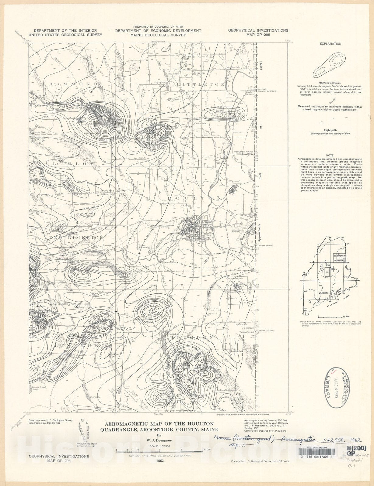 Map : Aeromagnetic map of the Houlton quadrangle, Aroostook County, Maine, 1962 Cartography Wall Art :