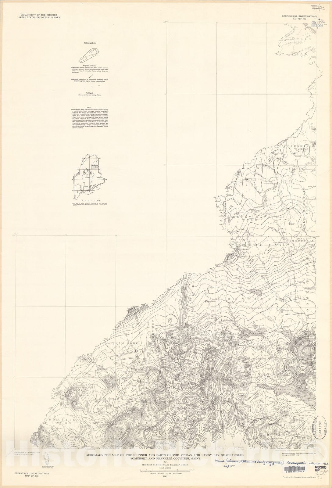 Map : Aeromagnetic map of the Skinner and parts of the Attean and Sandy Bay quadrangle, Somerset and Franklin Counties, Maine, 1962 Cartography Wall Art :