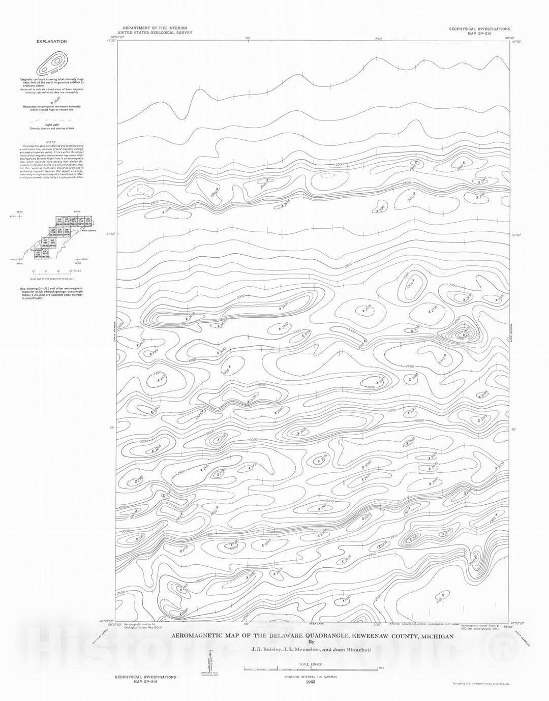 Map : Aeromagnetic map of the Delaware quadrangle, Keweenaw County, Michigan, 1963 Cartography Wall Art :