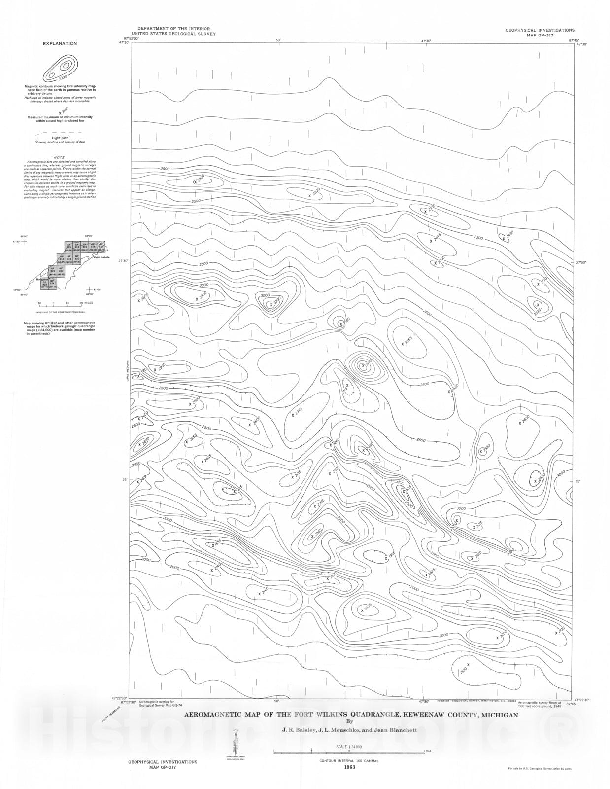 Map : Aeromagnetic map of the Fort Wilkins quadrangle, Keweenaw County, Michigan, 1963 Cartography Wall Art :