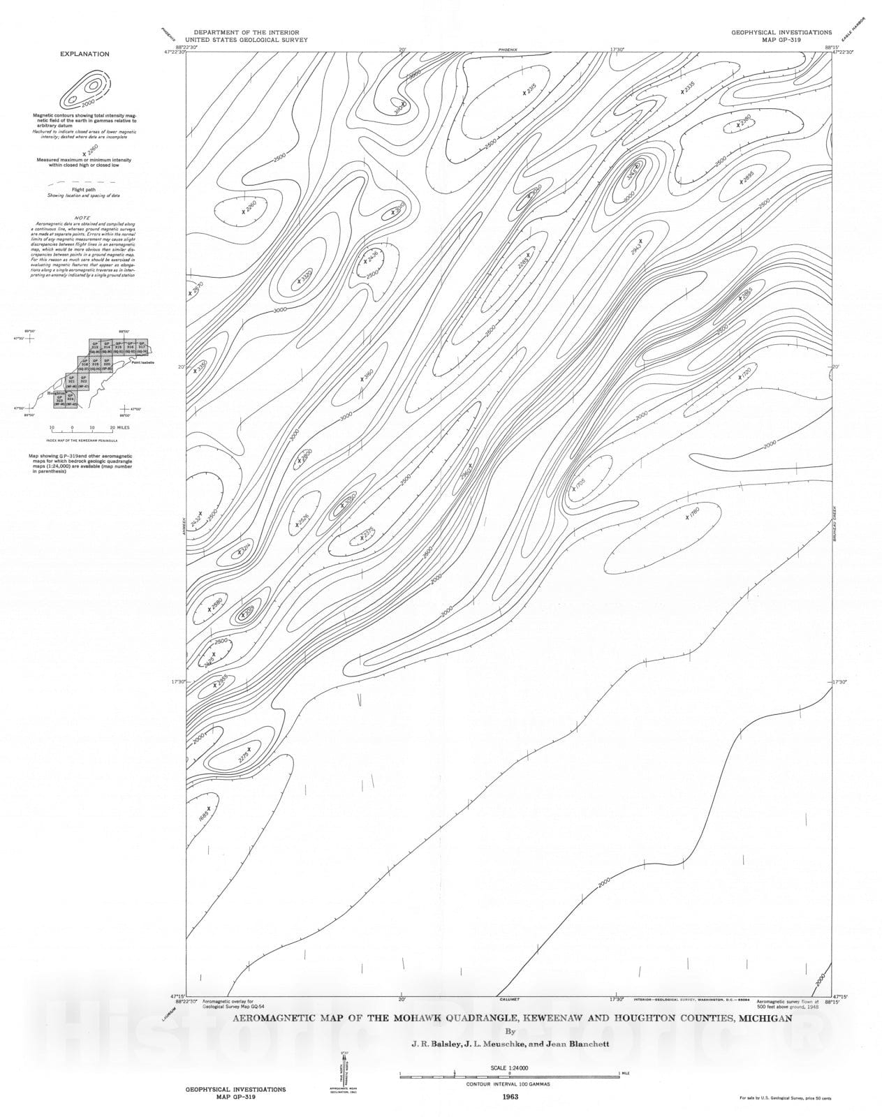 Map : Aeromagnetic map of the Mohawk quadrangle, Keweenaw and Houghton Counties, Michigan, 1963 Cartography Wall Art :