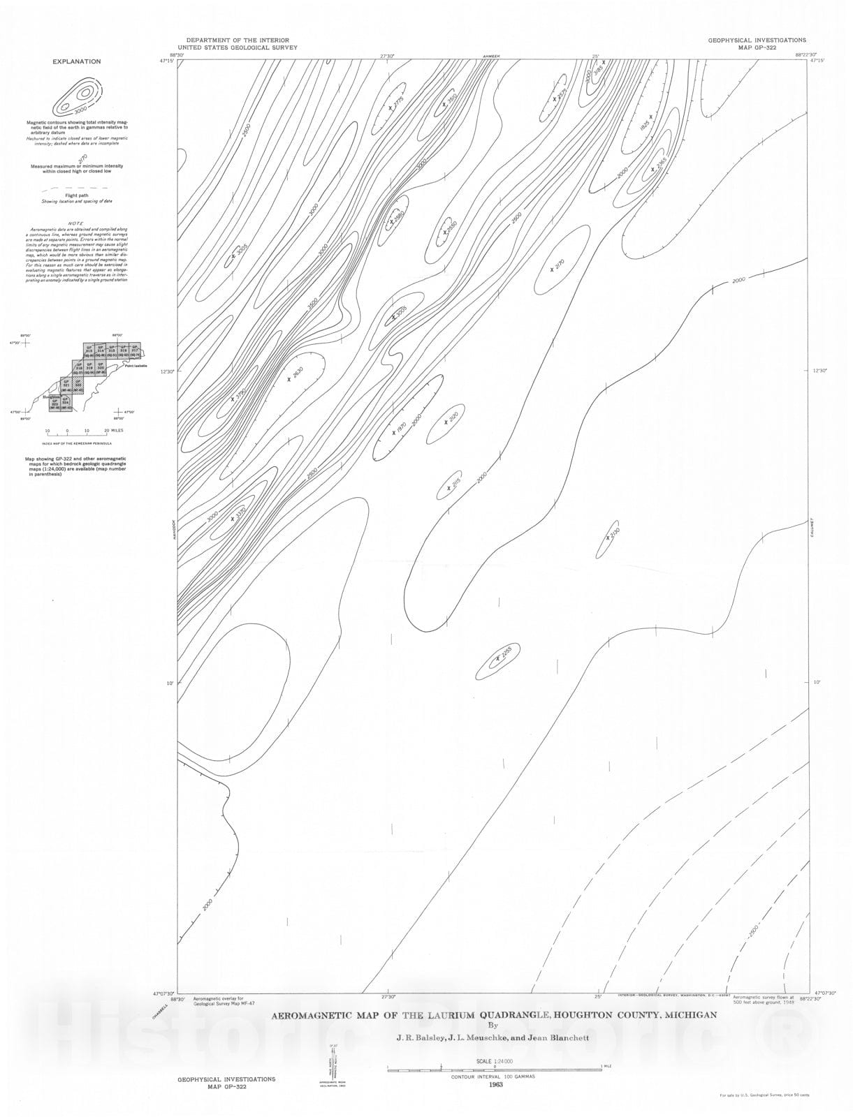 Map : Aeromagnetic map of the Laurium quadrangle, Houghton County, Michigan, 1963 Cartography Wall Art :