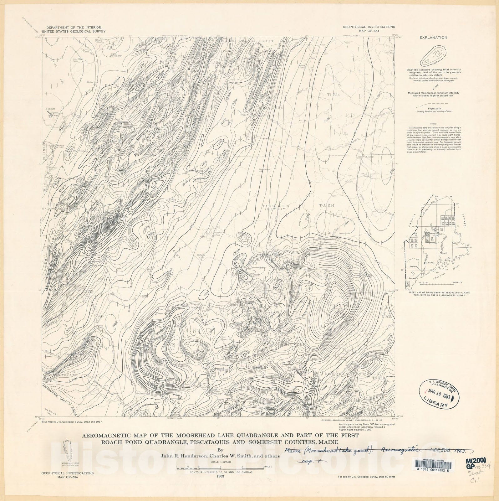 Map : Aeromagnetic map of the Moosehead Lake quadrangle and part of the First Roach Pond quadrangle, Piscataquis and Somerset Counties, Maine, 1963 Cartography Wall Art :