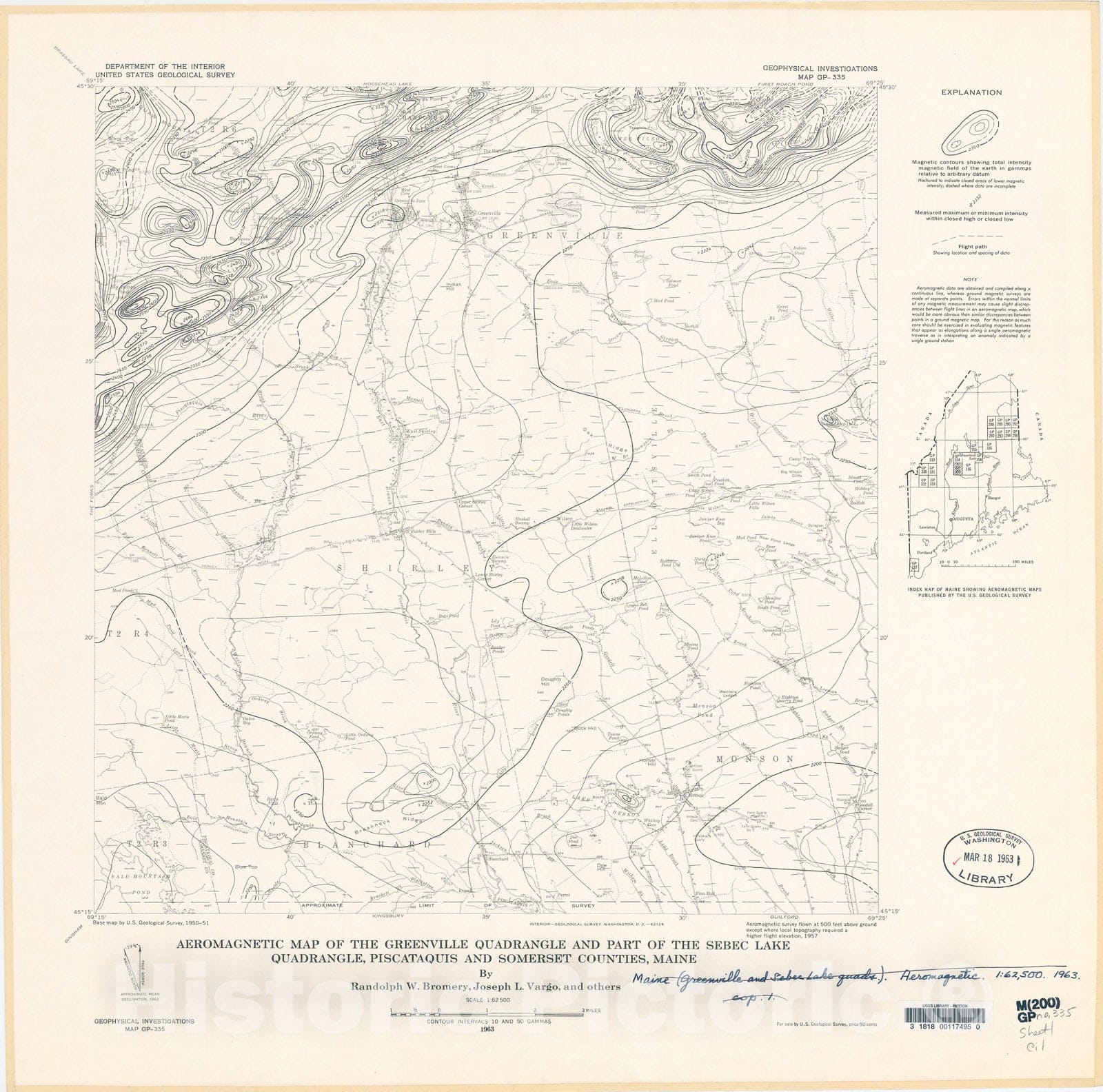Map : Aeromagnetic map of the Greenville quadrangle and part of the Sebec Lake quadrangle, Piscataquis and Somerset Counties, Maine, 1963 Cartography Wall Art :