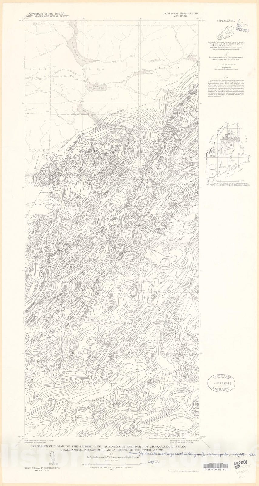 Map : Aeromagnetic map of the Spider Lake quadrangle and part of Musquacook Lakes quadrangle, Piscataquis and Aroostook Counties, Maine, 1963 Cartography Wall Art :