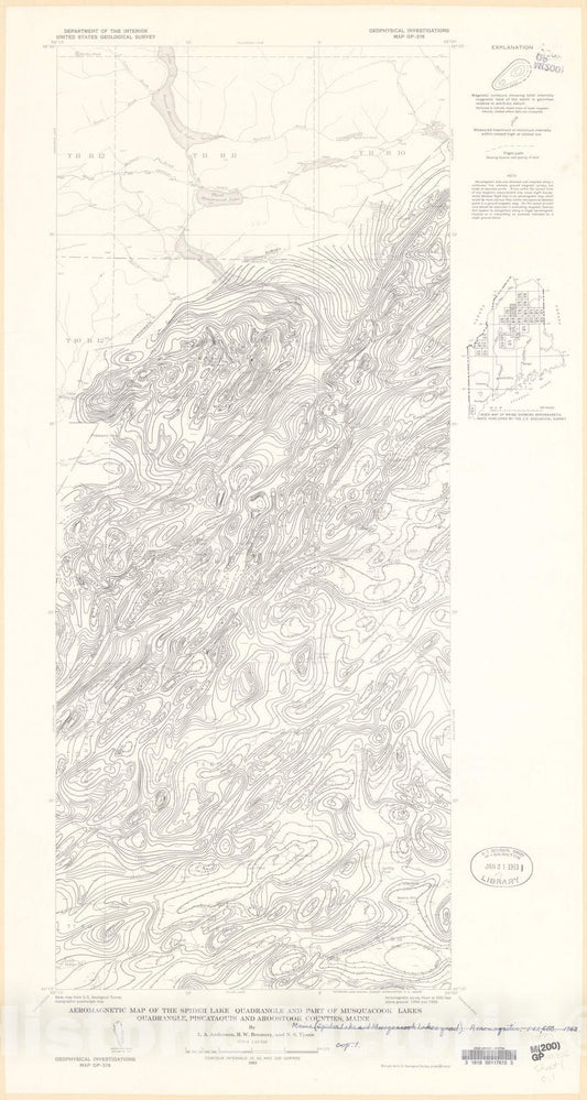 Map : Aeromagnetic map of the Spider Lake quadrangle and part of Musquacook Lakes quadrangle, Piscataquis and Aroostook Counties, Maine, 1963 Cartography Wall Art :
