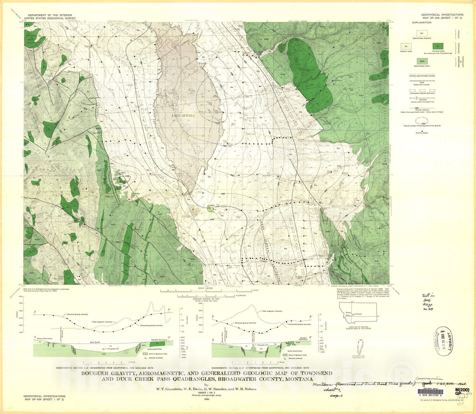 Map : Bouguer gravity, aeromagnetic, and generalized geologic map of Townsend and Duck Creek Pass quadrangles, Broadwater County, Montana, 1964 Cartography Wall Art :