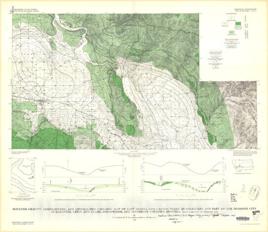 Map : Bouguer gravity, aeromagnetic, and generalized geologic map of East Helena and Canyon Ferry quadrangles and part of the Diamond Ci, 1963 Cartography Wall Art :