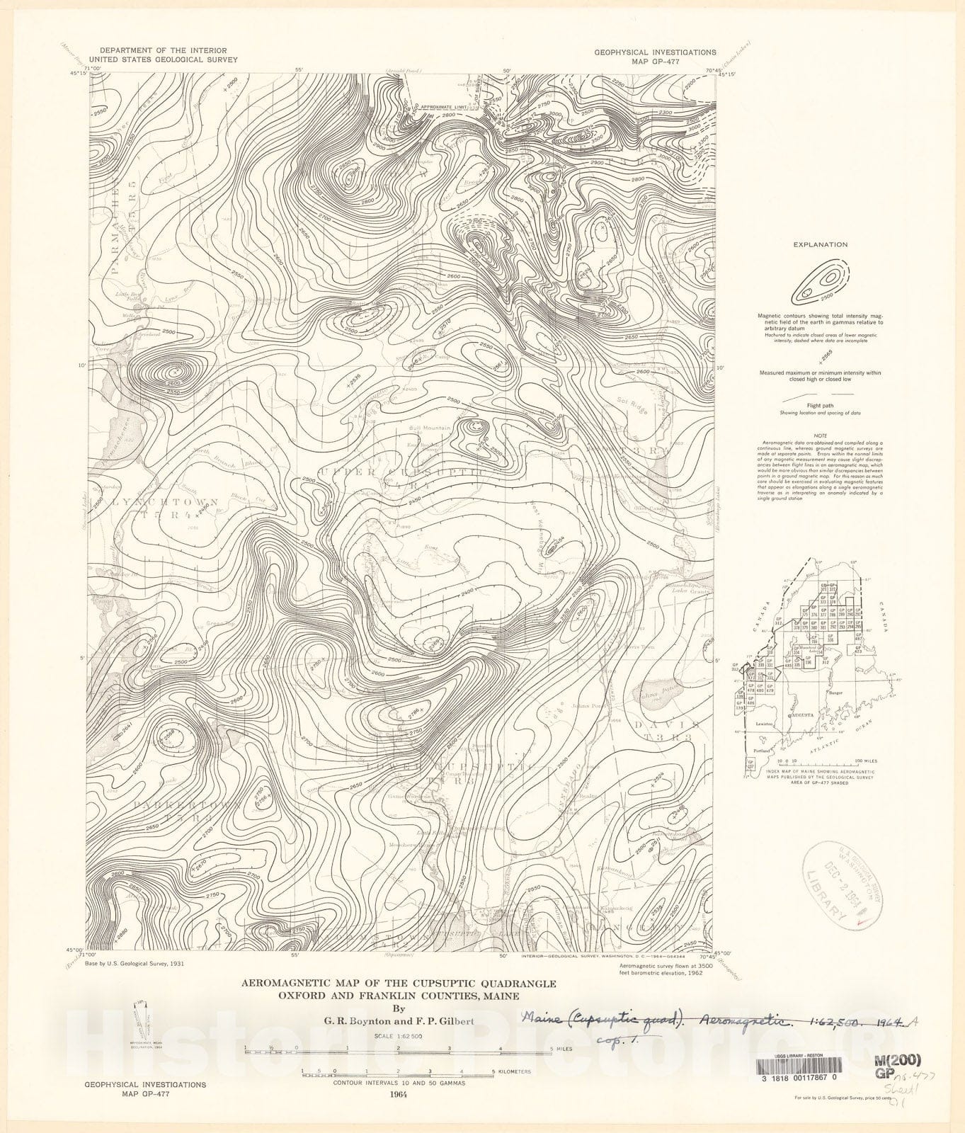 Map : Aeromagnetic map of the Cupsuptic quadrangle, Oxford and Franklin Counties, Maine, 1964 Cartography Wall Art :