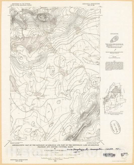 Map : Aeromagnetic map of the Rangely quadrangle, and part of the Kennebago Lake quadrangle, Franklin and Oxford Counties, Maine, 1964 Cartography Wall Art :