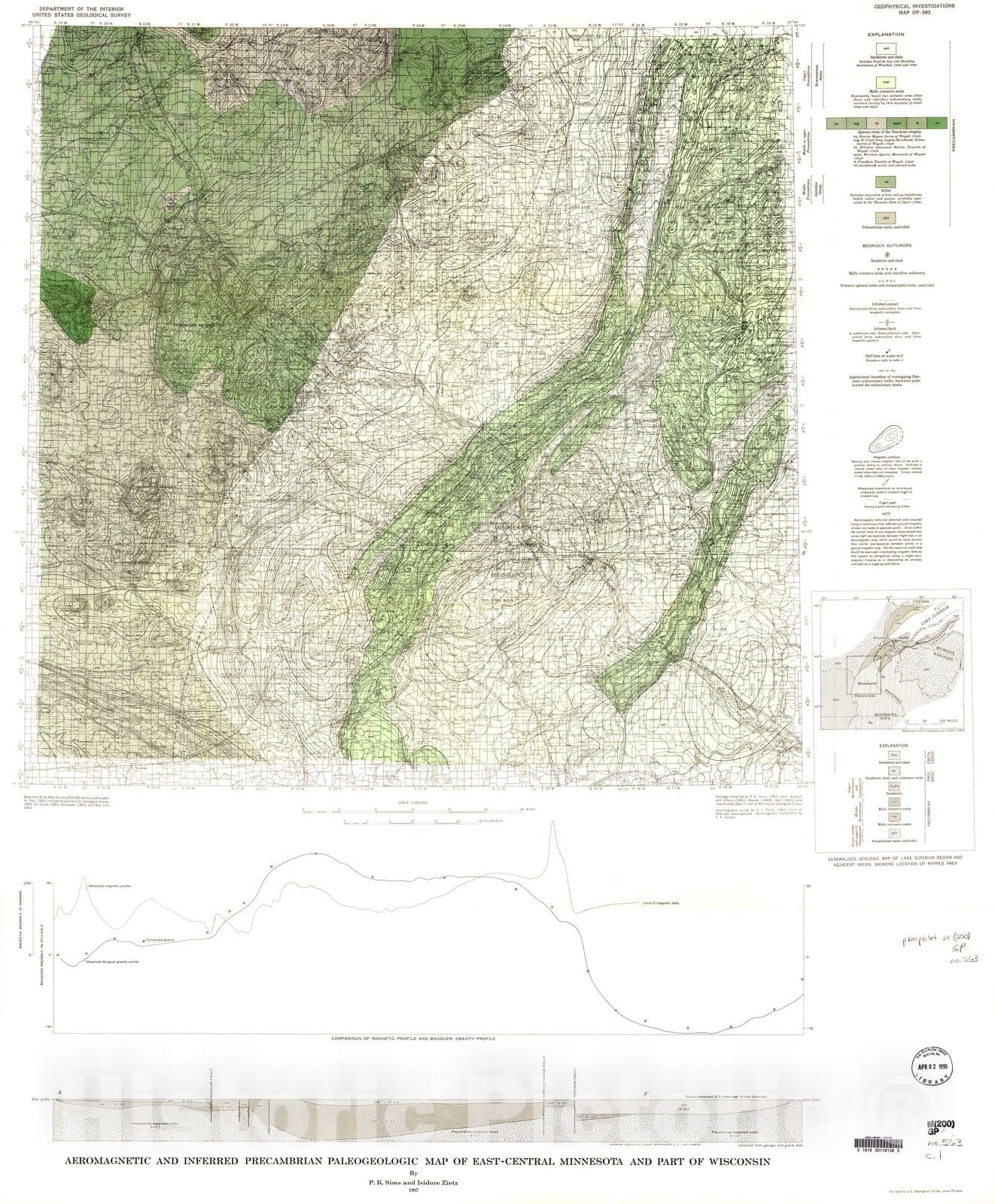 Map : Aeromagnetic and inferred Precambrian paleogeologic map of east-central Minnesota and part of Wisconsin, 1967 Cartography Wall Art :