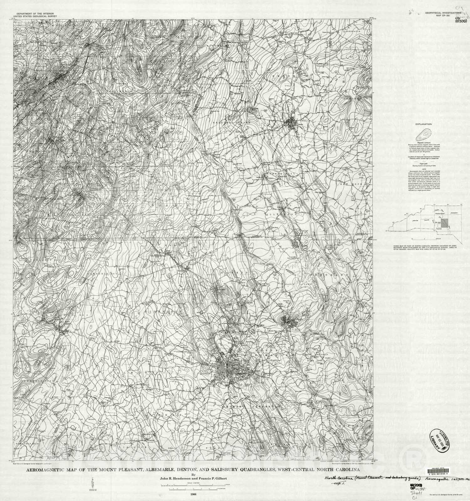 Map : Aeromagnetic map of the Mount Pleasant, Albemarle, Denton, and Salisbury quadrangles, west-central North Carolina, 1966 Cartography Wall Art :