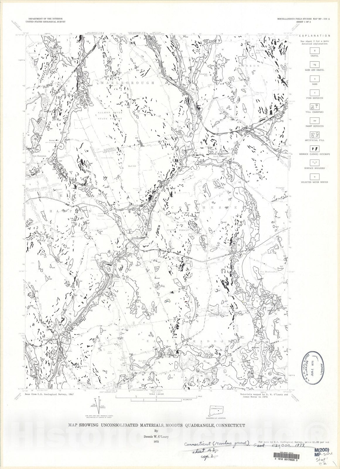 Map : Map showing unconsolidated materials, Moodus quadrangle, Connecticut, 1973 Cartography Wall Art :