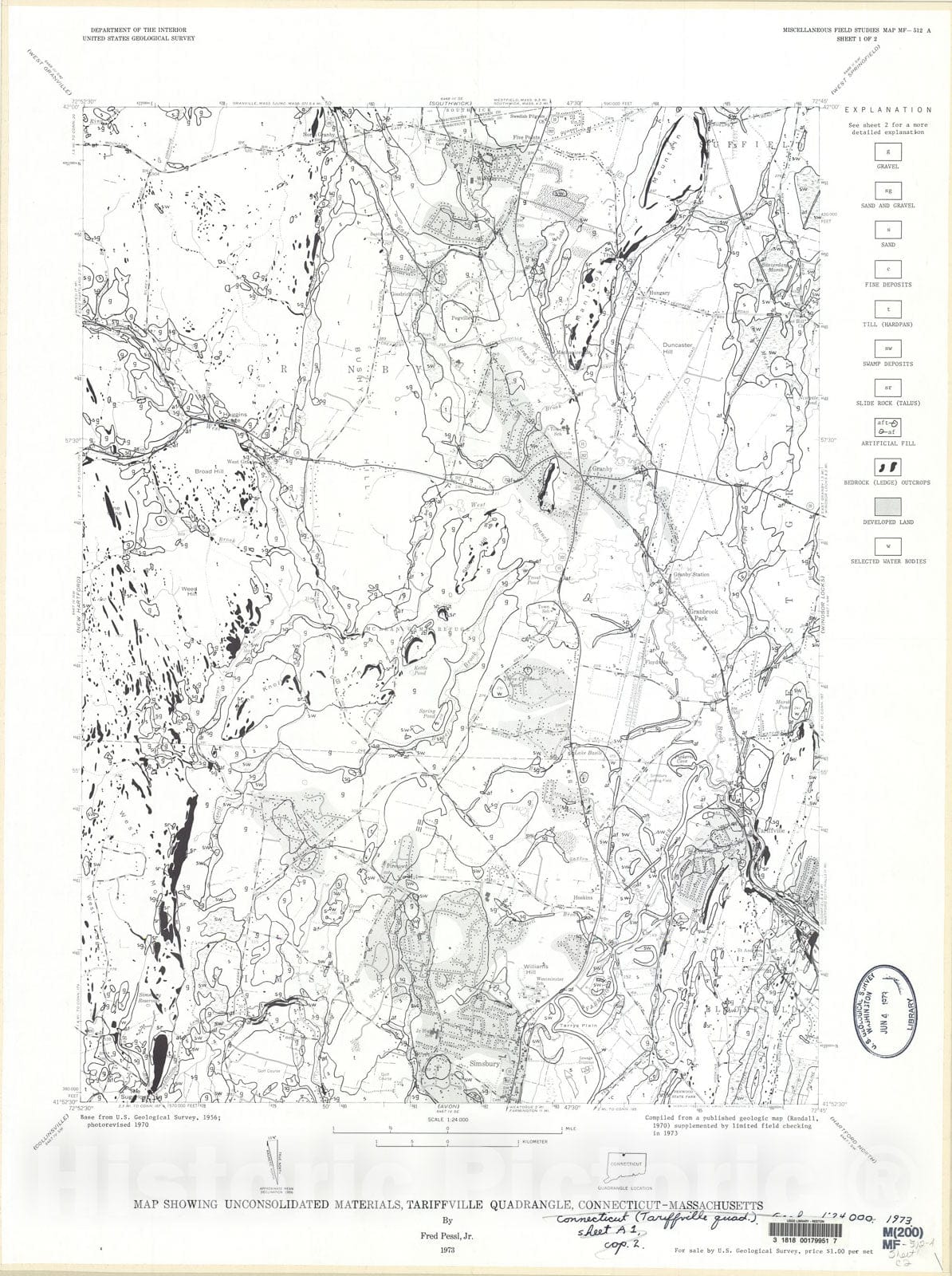 Map : Map showing unconsolidated materials, Tariffville quadrangle, Connecticut-Massachusetts, 1973 Cartography Wall Art :
