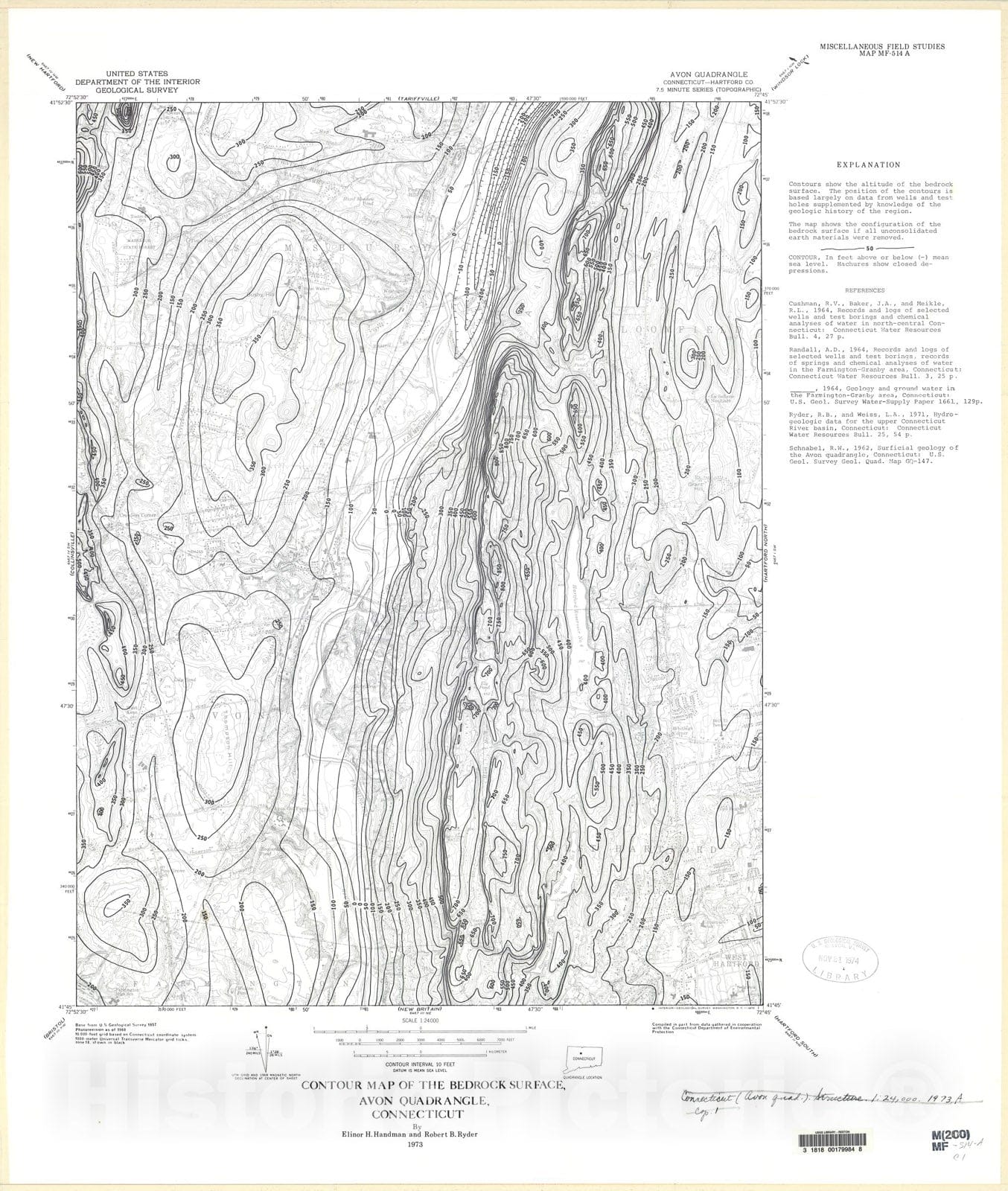 Map : Contour map of the bedrock surface, Avon quadrangle, Connecticut, 1973 Cartography Wall Art :