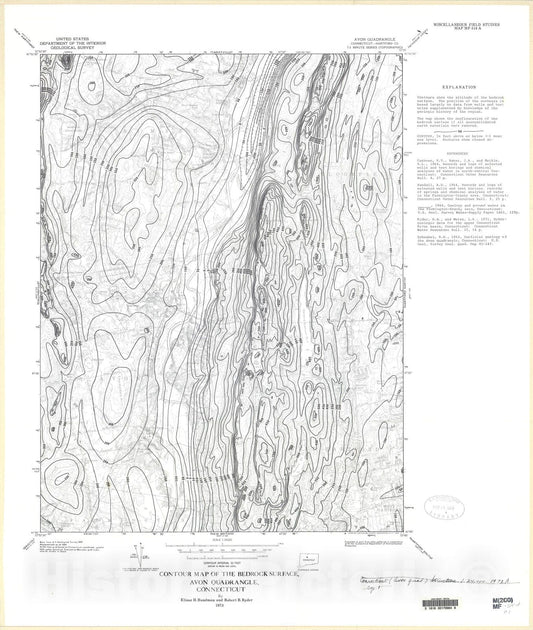 Map : Contour map of the bedrock surface, Avon quadrangle, Connecticut, 1973 Cartography Wall Art :