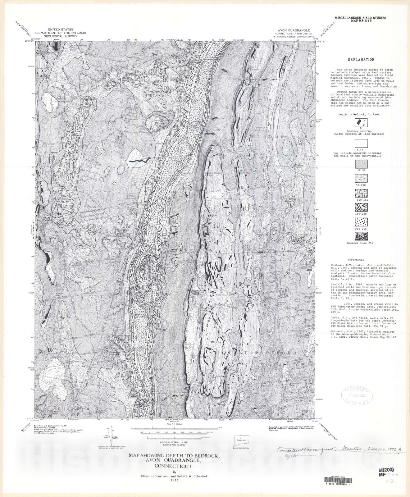 Map : Map showing depth to bedrock, Avon quadrangle, Connecticut, 1973 Cartography Wall Art :