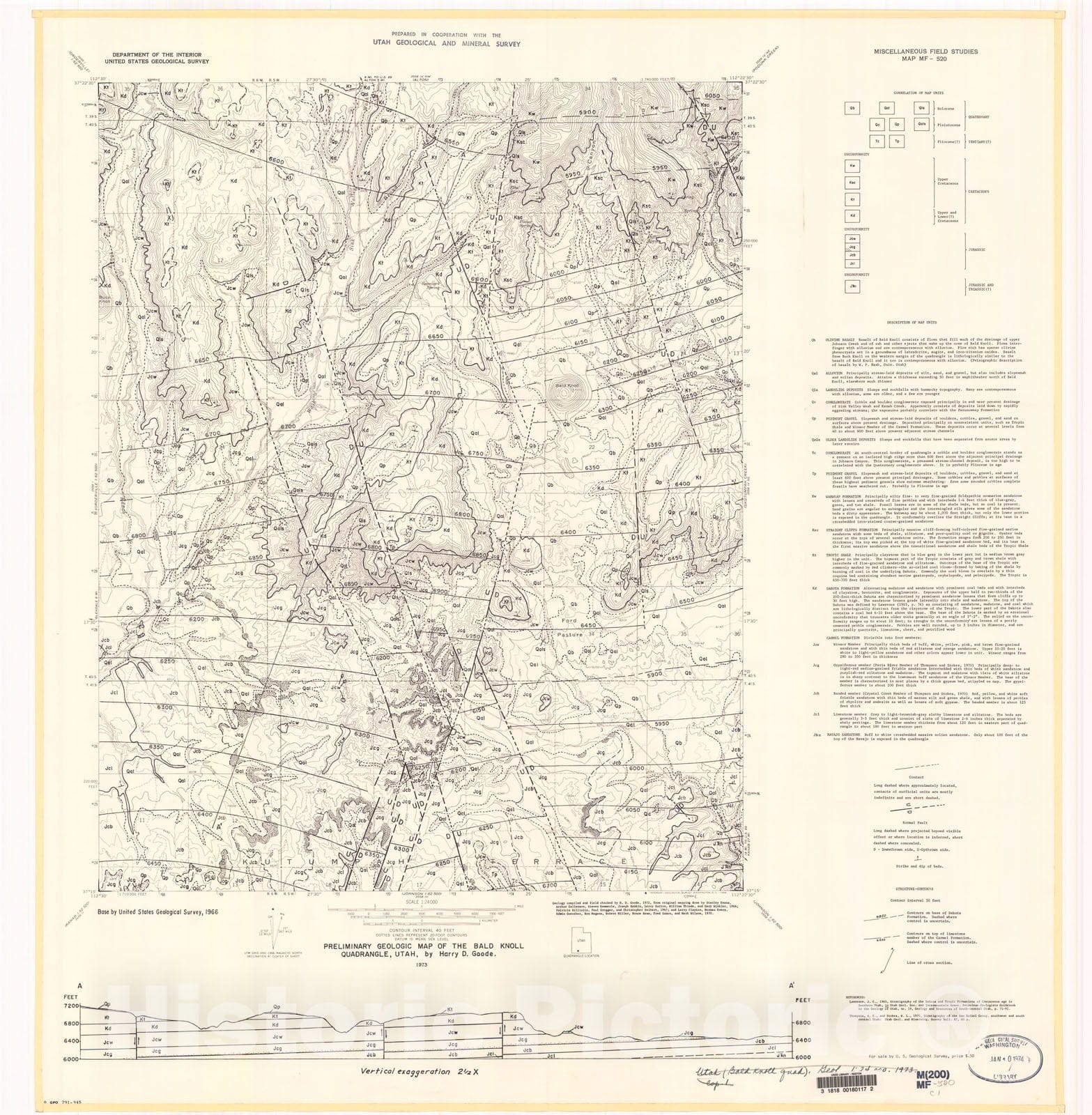 Map : Preliminary geologic map of the Bald Knoll quadrangle, Utah, 1973 Cartography Wall Art :
