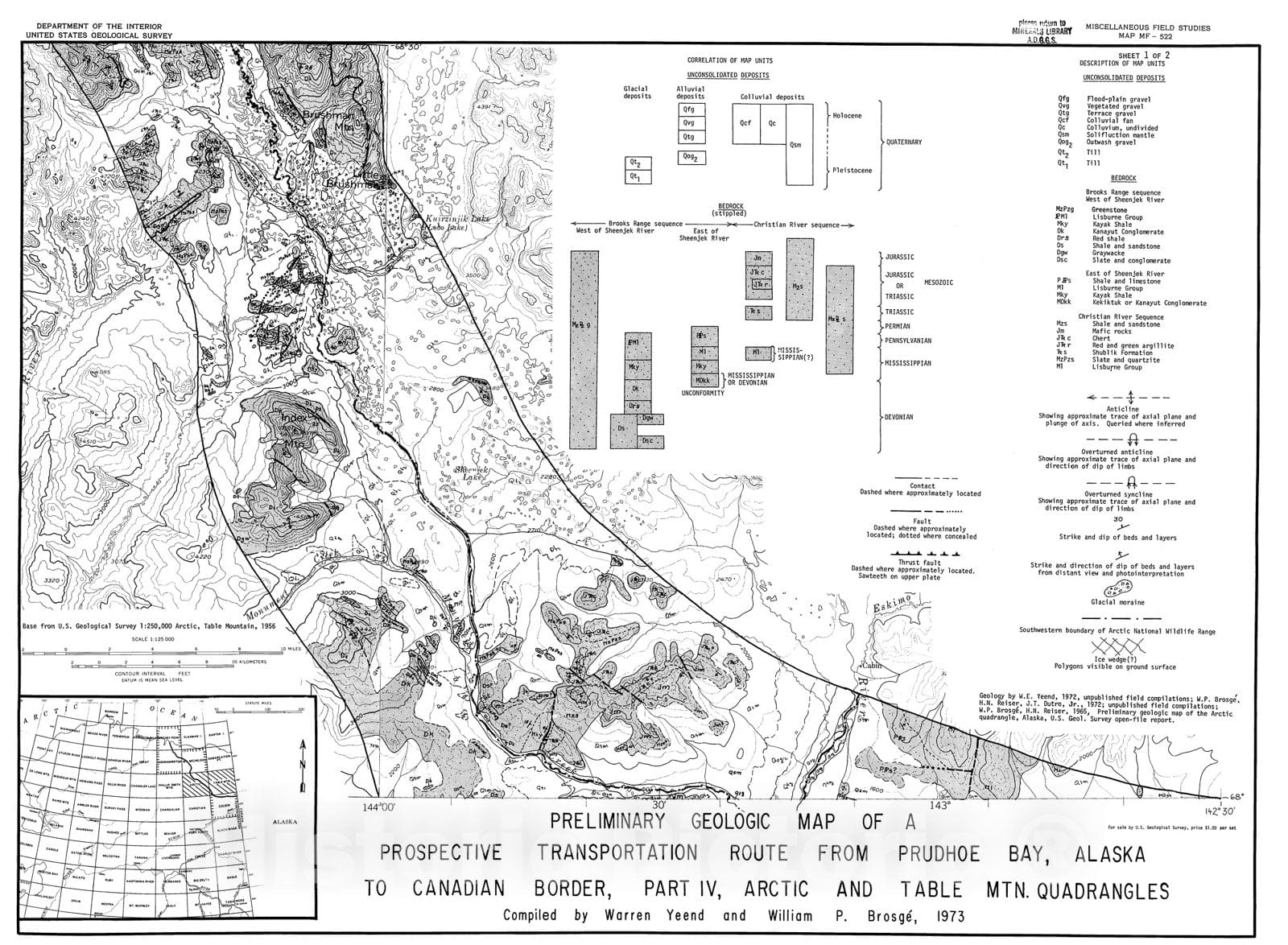 Map : Preliminary geologic map of a prospective transportation route from Prudhoe Bay, Alaska, to Canadian border, part IV, Arctic, 1973 Cartography Wall Art :