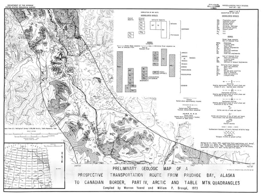 Map : Preliminary geologic map of a prospective transportation route from Prudhoe Bay, Alaska, to Canadian border, part IV, Arctic, 1973 Cartography Wall Art :