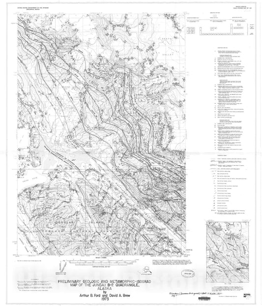 Map : Preliminary geologic and metamorphic-isograd map of the Juneau B-2 quadrangle, Alaska, 1973 Cartography Wall Art :